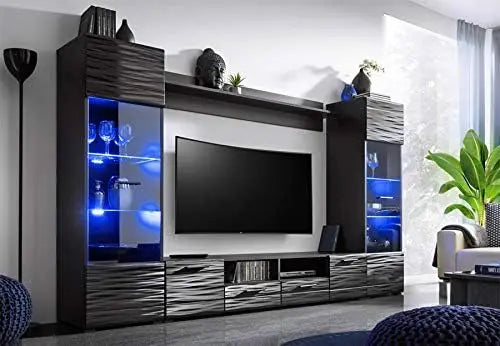 BIM – Furniture MODIC Meuble Mural 260 cm Ensemble de Salon Vitrine Meuble Bas Noir Haut Brillance LED