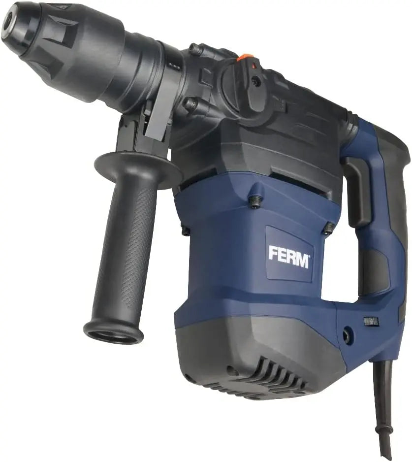 FERM Marteau perforateur 1500W - 4 fonctions - Vitesse variable - avec. 3 forets et 2 burins – gris/bleu