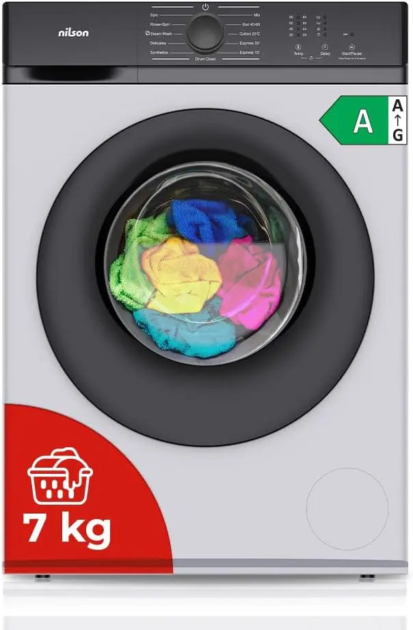 Nilson Lave-linge 7 kg Chargement Frontal – NL7201AI, 1200 W, blanc/argenté