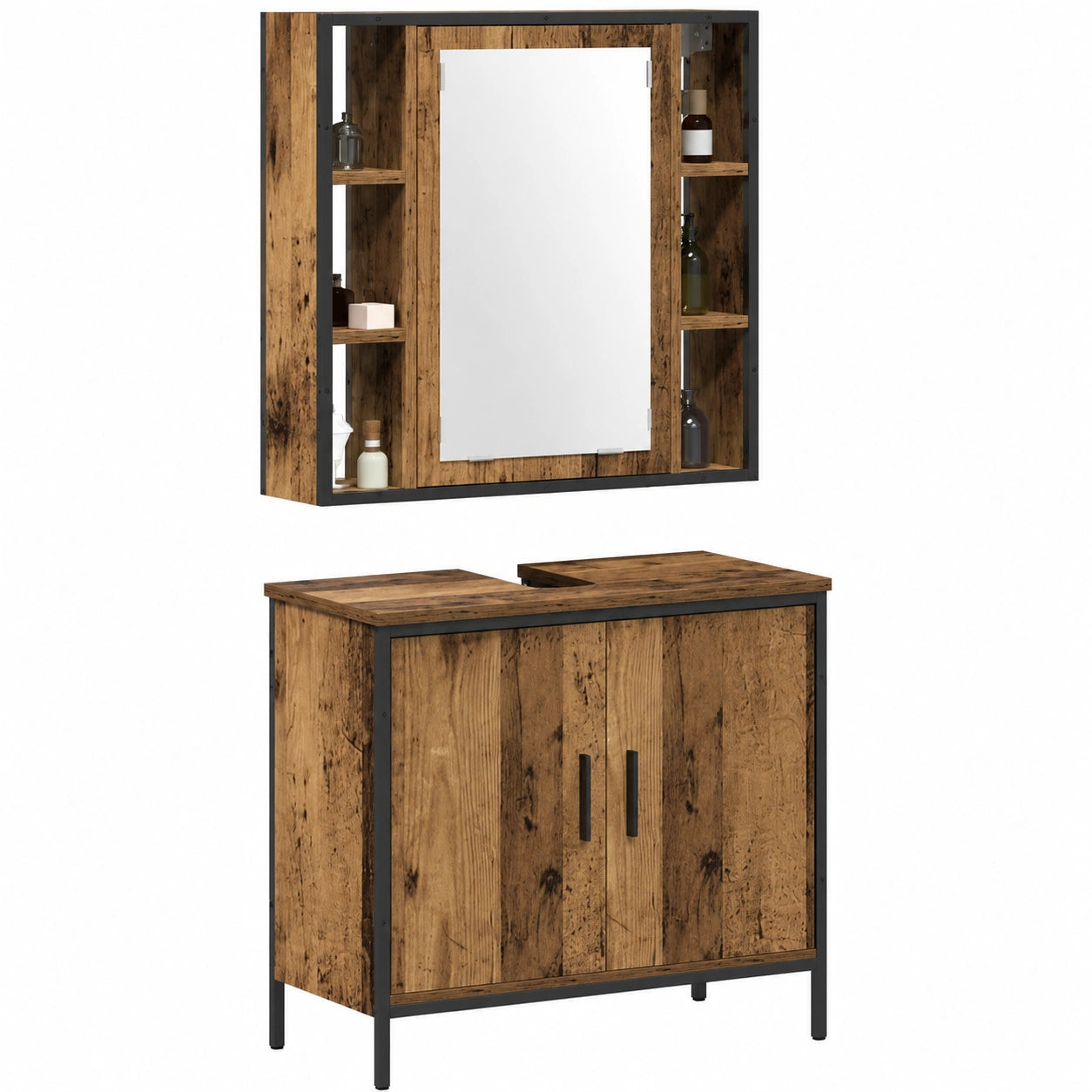 Ensemble de meubles de salle de bain, avec rangement, avec étagères, coloris marron, 2 pièces, pour la salle de bain