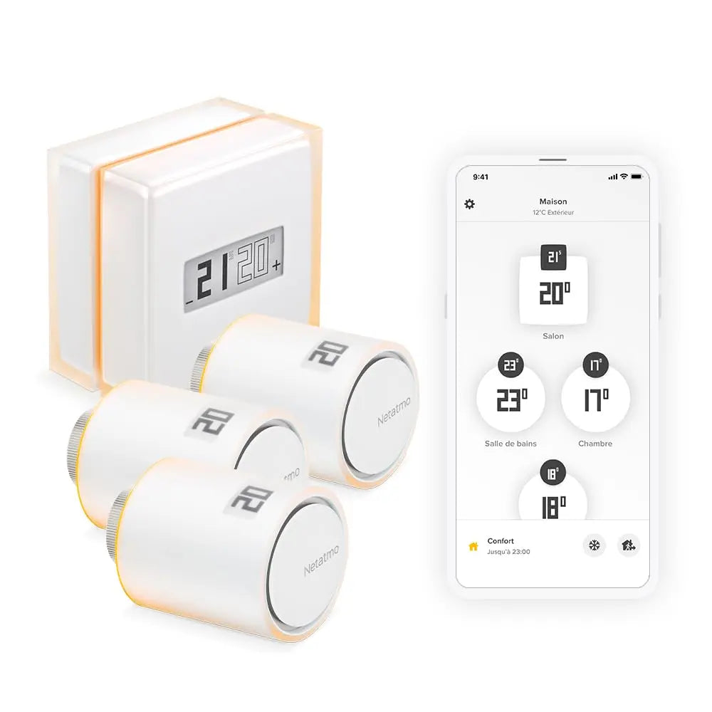 Netatmo Pack Thermostat Intelligent + 3 Têtes Thermostatique Connectées et Intelligentes – 2,4 GHz, blanc/gris