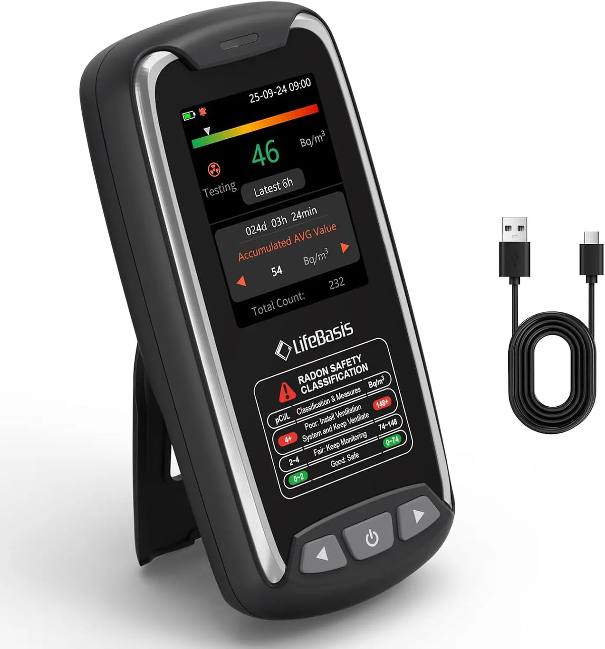 LifeBasis Détecteur de Radon Rechargeable avec Écran TFT Couleur – noir