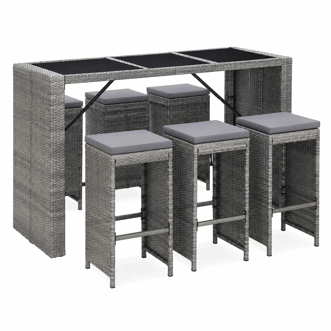 Table, 7 pièces, en résine tressée, coloris gris, pour les espaces de vie