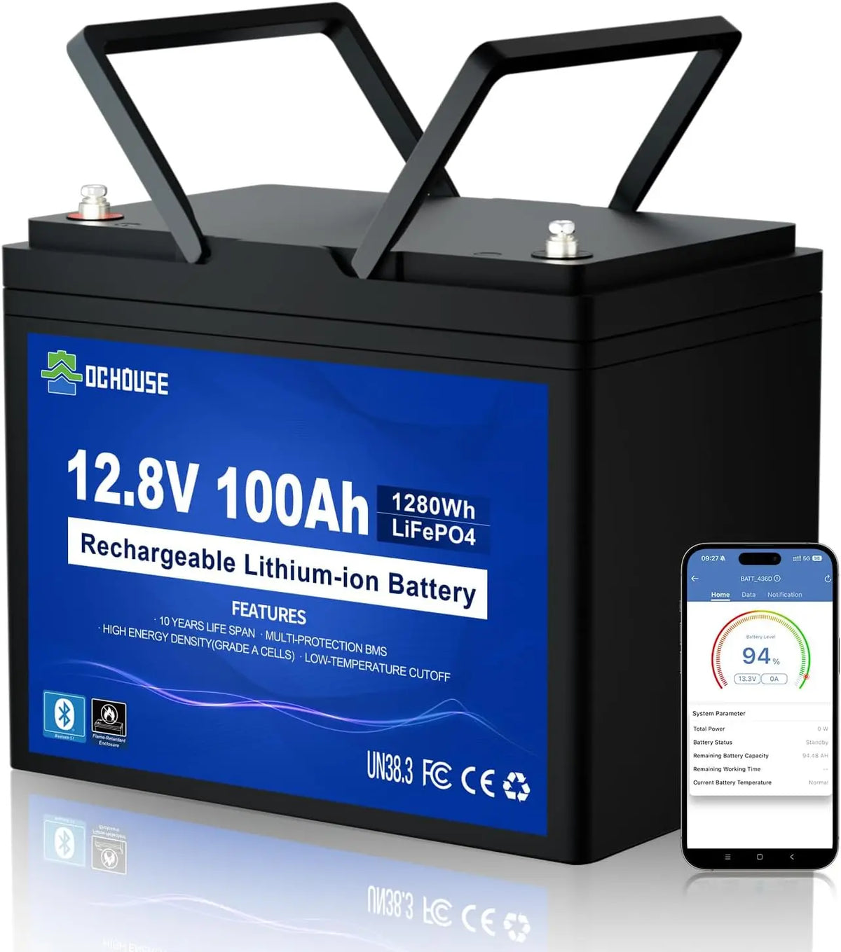 DCHOUSE Batterie au lithium LiFePO4 12V 100Ah – bleu/noir/gris