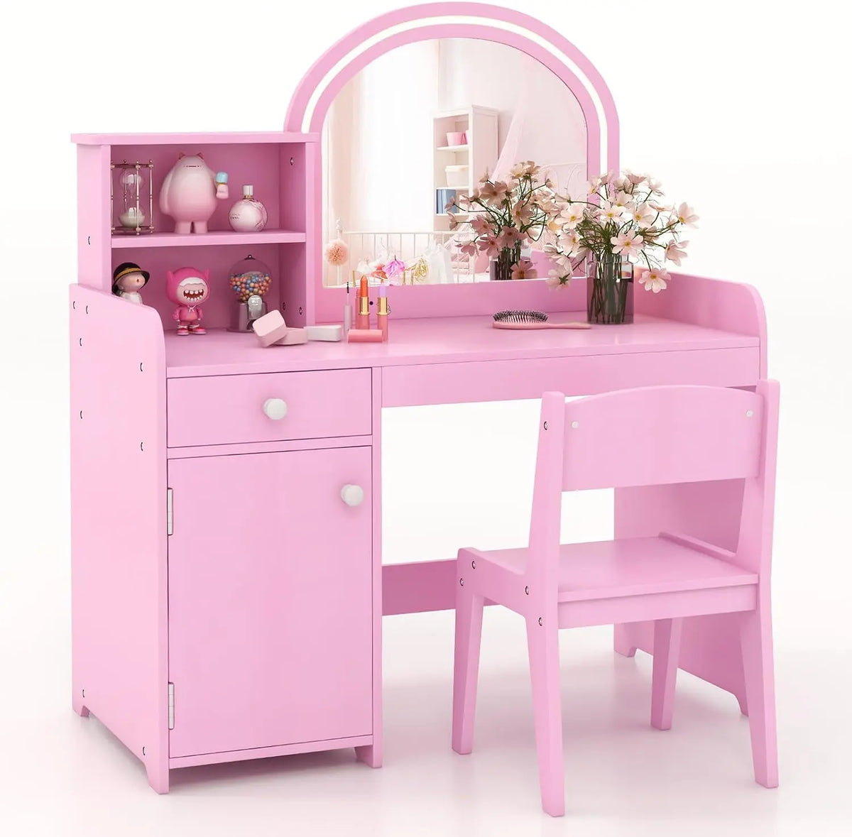 COSTWAY 2 en 1 Bureau Enfants avec Chaise & 120 Lumières LED – rose