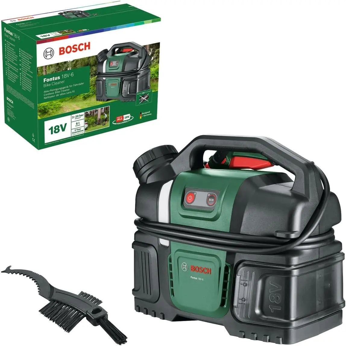 Bosch Nettoyeur haute pression portable Fontus 18V-6 pour vélo réservoir d'eau de 6 L – gris/vert