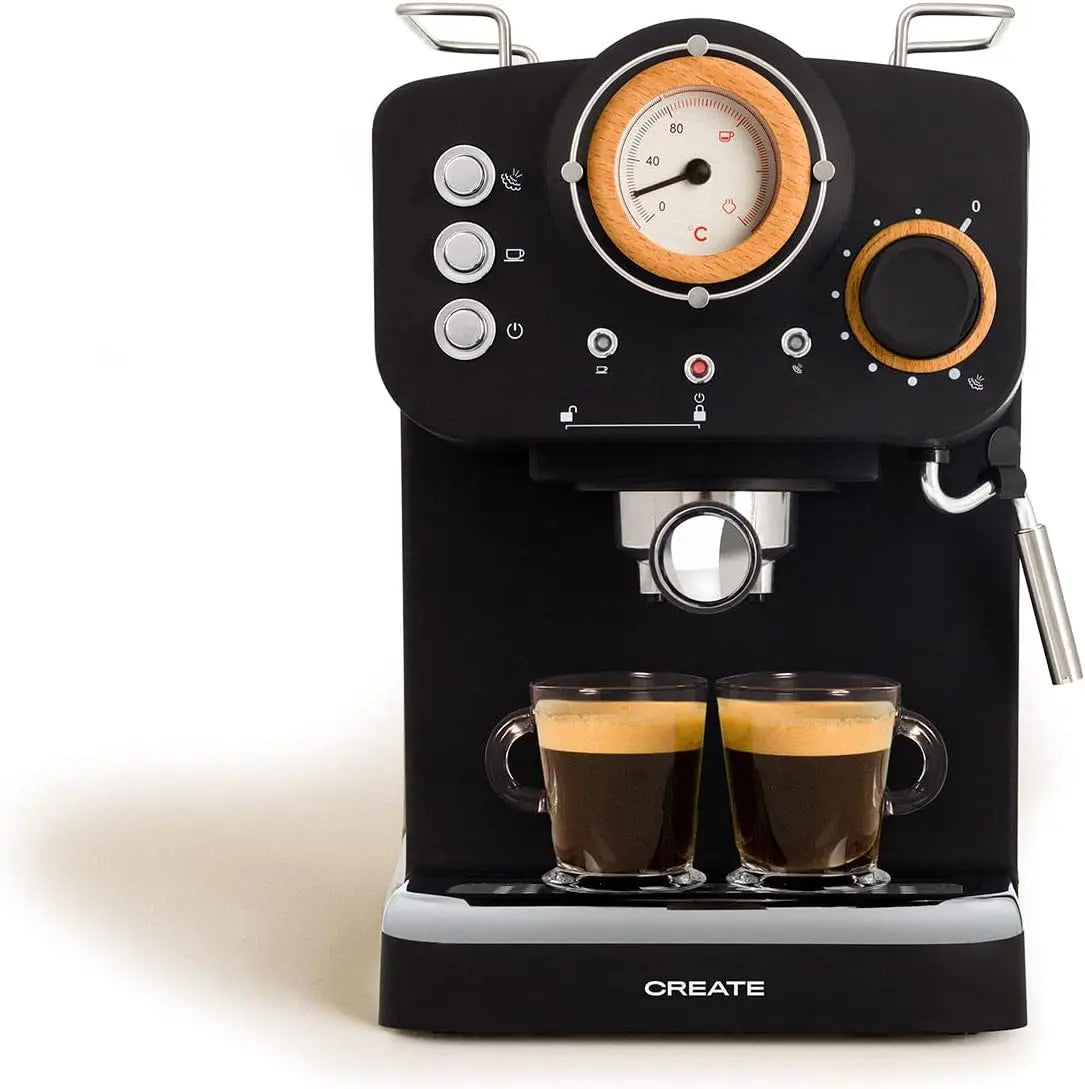 CREATE/THERA RETRO/Cafetière Express semi-automatique noir mat et bois / 20 bars – 1100 W, 1,25 l