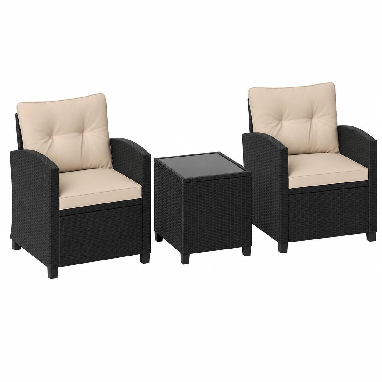 Salon de jardin, 2 places, avec 2 fauteuils, en verre trempé et résine tressée, coloris noir et beige, pour la terrasse ou le jardin