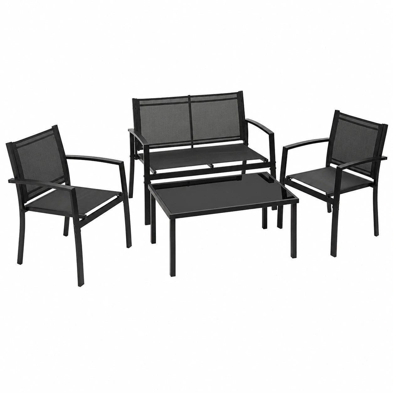 Salon de jardin, avec 3 fauteuils, en métal et verre, 4 pièces, coloris noir, pour la terrasse ou le jardin