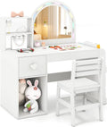 COSTWAY Coiffeuse Enfant Fille avec Chaise et Miroir Lumineux – blanc