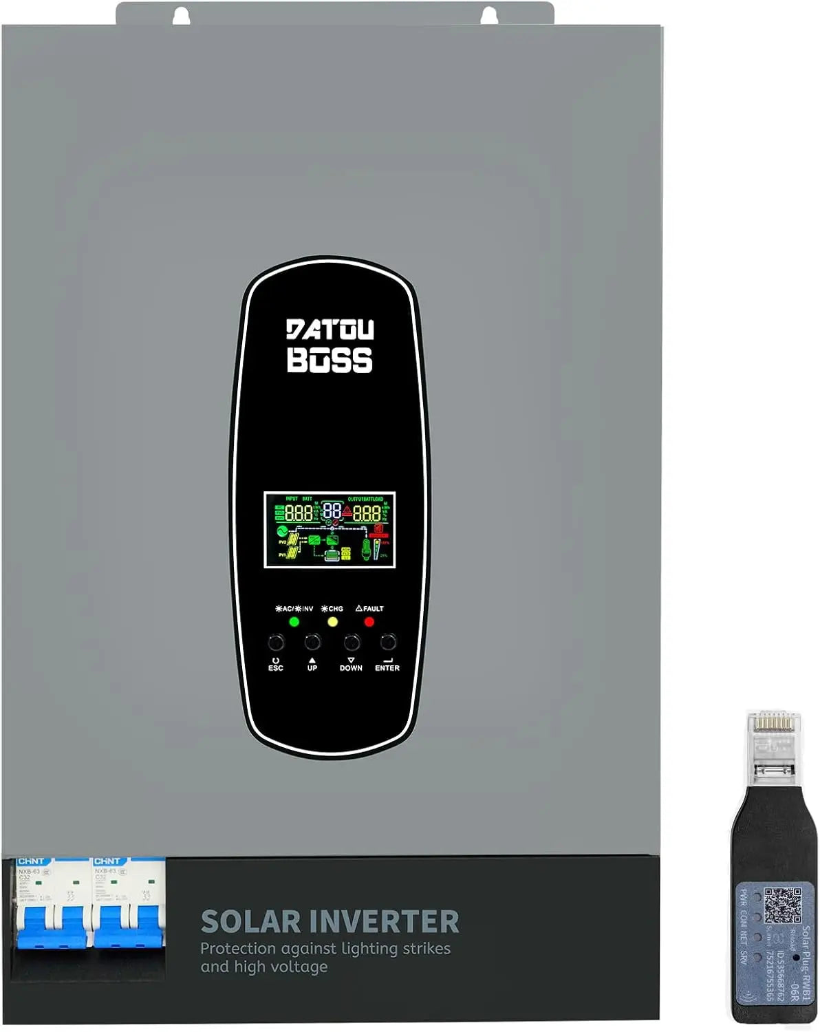 DATOUBOSS Onduleur Hybride Solaire 6200W,48V CC vers 230V CA,120A MPPT – 6200 W / 8500 W, sans batterie, gris/noir