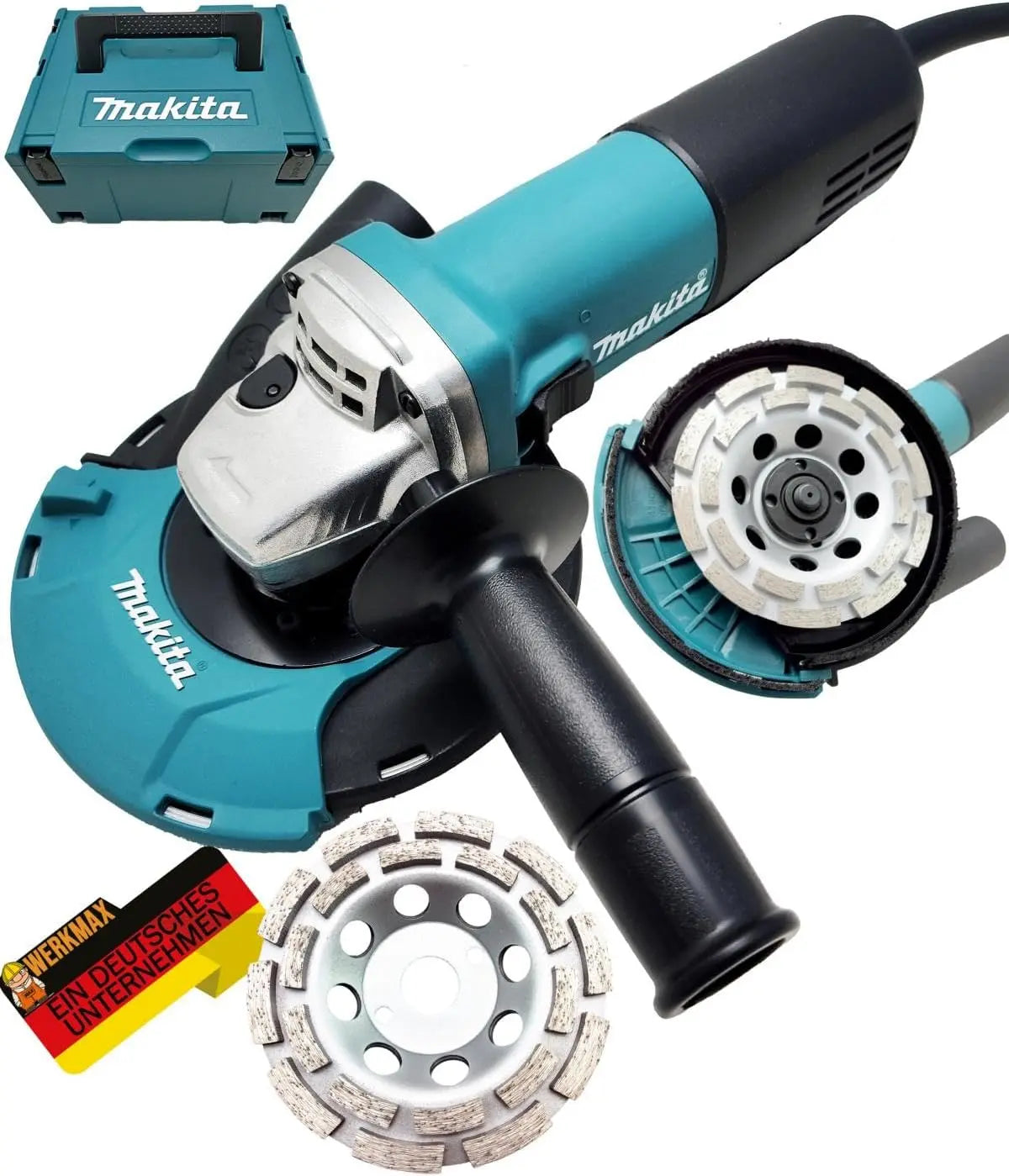 Makita Ponceuse d'angle 1100 W + capot d'aspiration WM + 2 têtes de meuleuse diamant – gris/bleu/noir