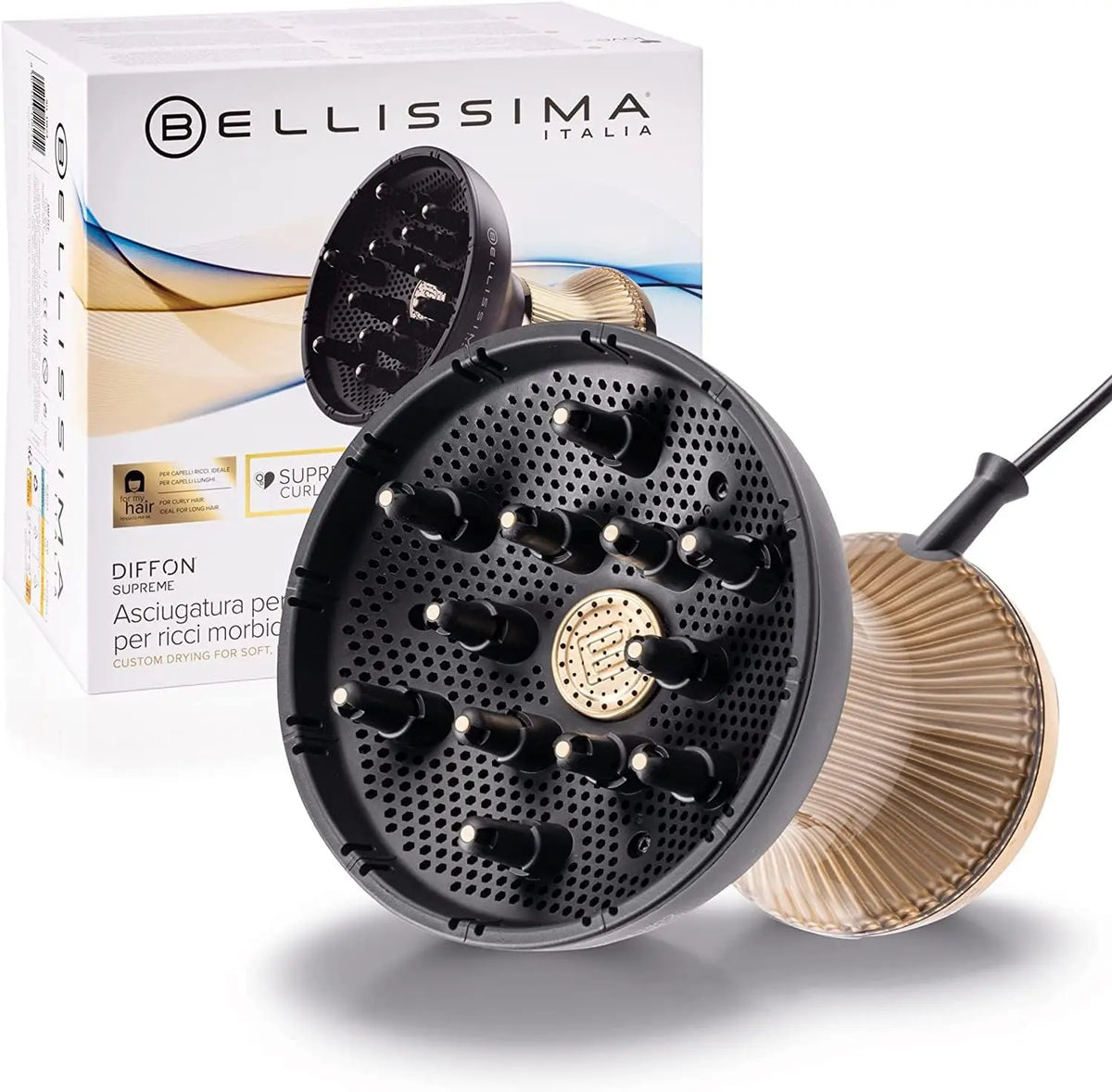 Bellissima Diffuseur D'Air Chaud XL Céramique + Huile D'Argan Pour Cheveux Bouclés - Diffon Supreme Sèche – gris/noir