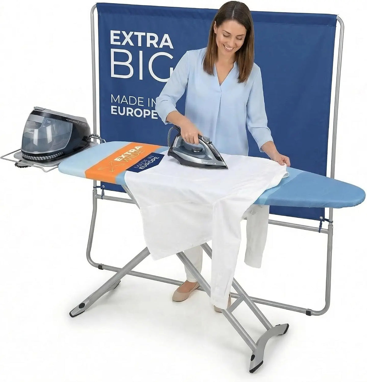 Table à Repasser XXL Grande Pliable Solide Planche Repasser pour Centrale Vapeur - 130x47cm Surface – bleu/gris