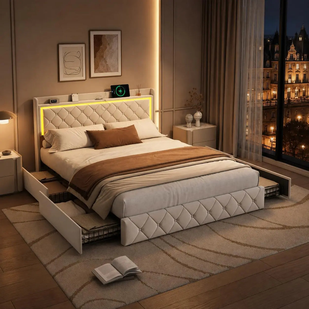 LIVLUX Lit 140x190 avec Sommier LED et USB – 140 x 190 cm, beige