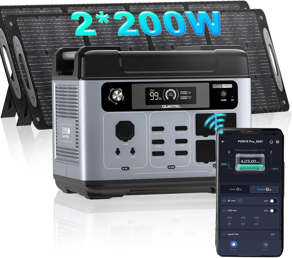OKITEL P2001 PRO Station d'énergie portable 2048 Wh avec 2 x 200 W Panneau solaire générateur solaire – 200 W / 3200 W, gris/noir