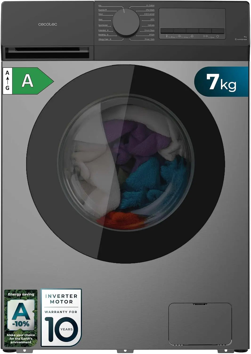 Cecotec Lave-linge à Chargement Frontal 7Kg Bolero DressCode 7450 Inverter Steel – A-10, gris/noir