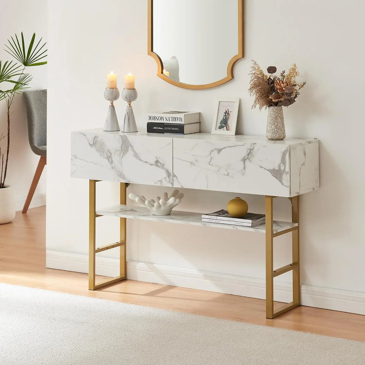 [en.casa] Table Console Design Industriel Table d'Appoint Rectangulaire Salon Entrée 2 Tiroirs et Surface