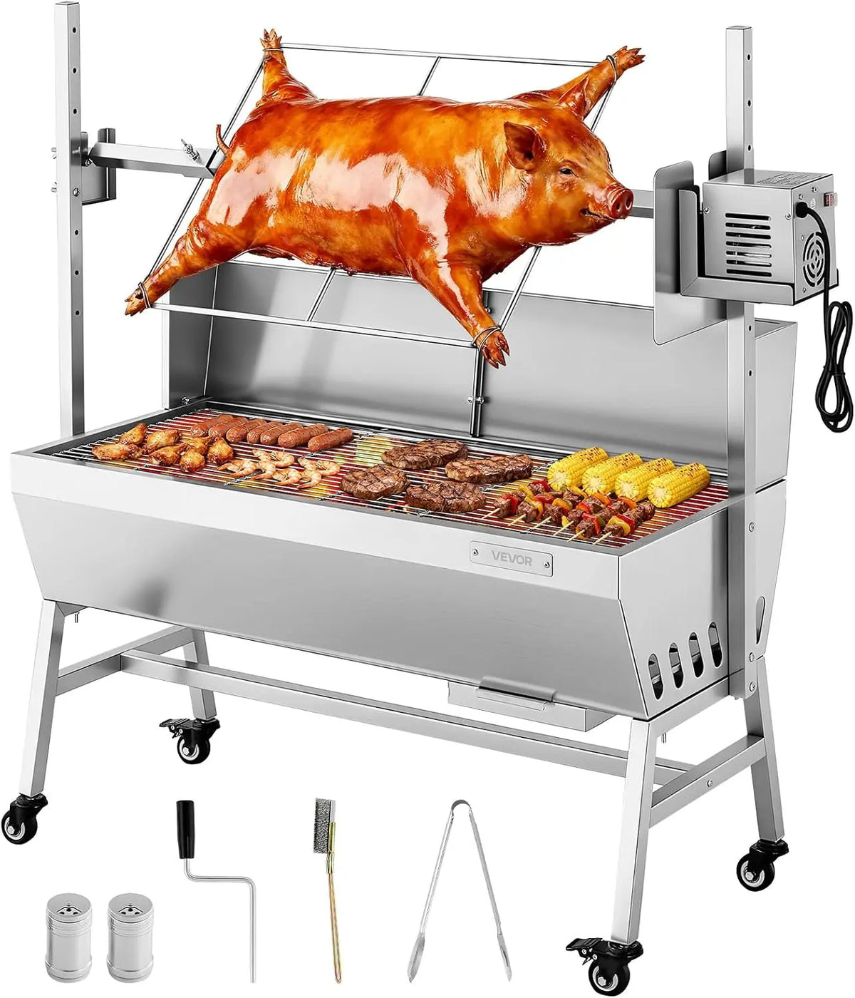 VEVOR Barbecue à Charbon avec Tournebroche Électrique 38 W – 1135 x 442 x 1123 mm, argenté