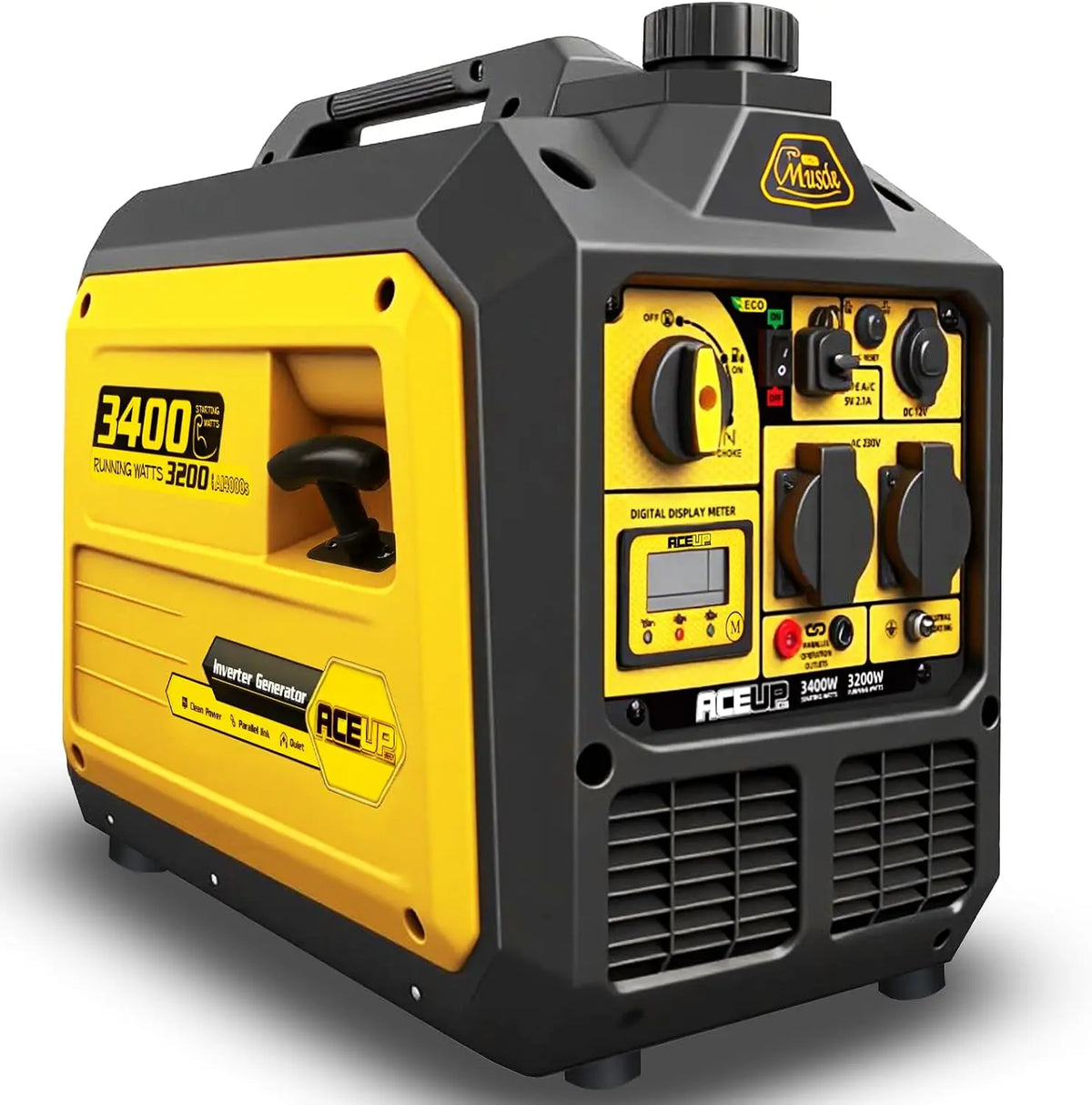 Aceup Energy 3400W Groupe Electrogene Inverter Générateur à Essence Silencieux avec prises 230V 12V 5V – 50 x 30 x 46 cm, 50 Hz, gris/jaune/noir
