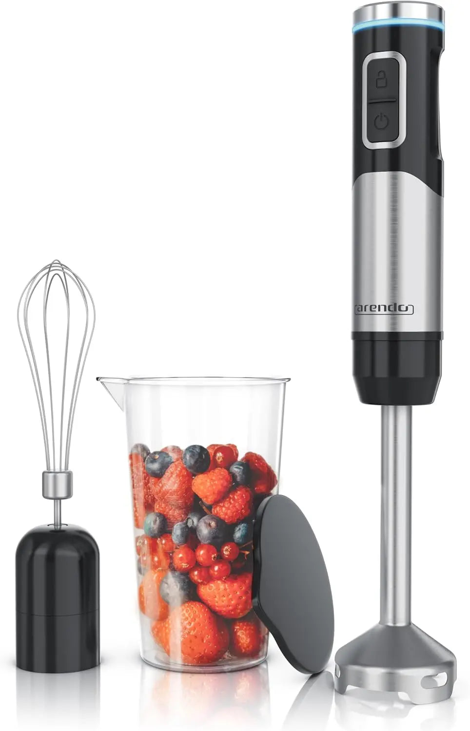 Arendo - Mixeur plongeant sans fil - 200 W - Avec batterie - Batteur à main en acier inoxydable - Batteur – 600 ml, 2000 mAh, 14,8 Wh, argenté