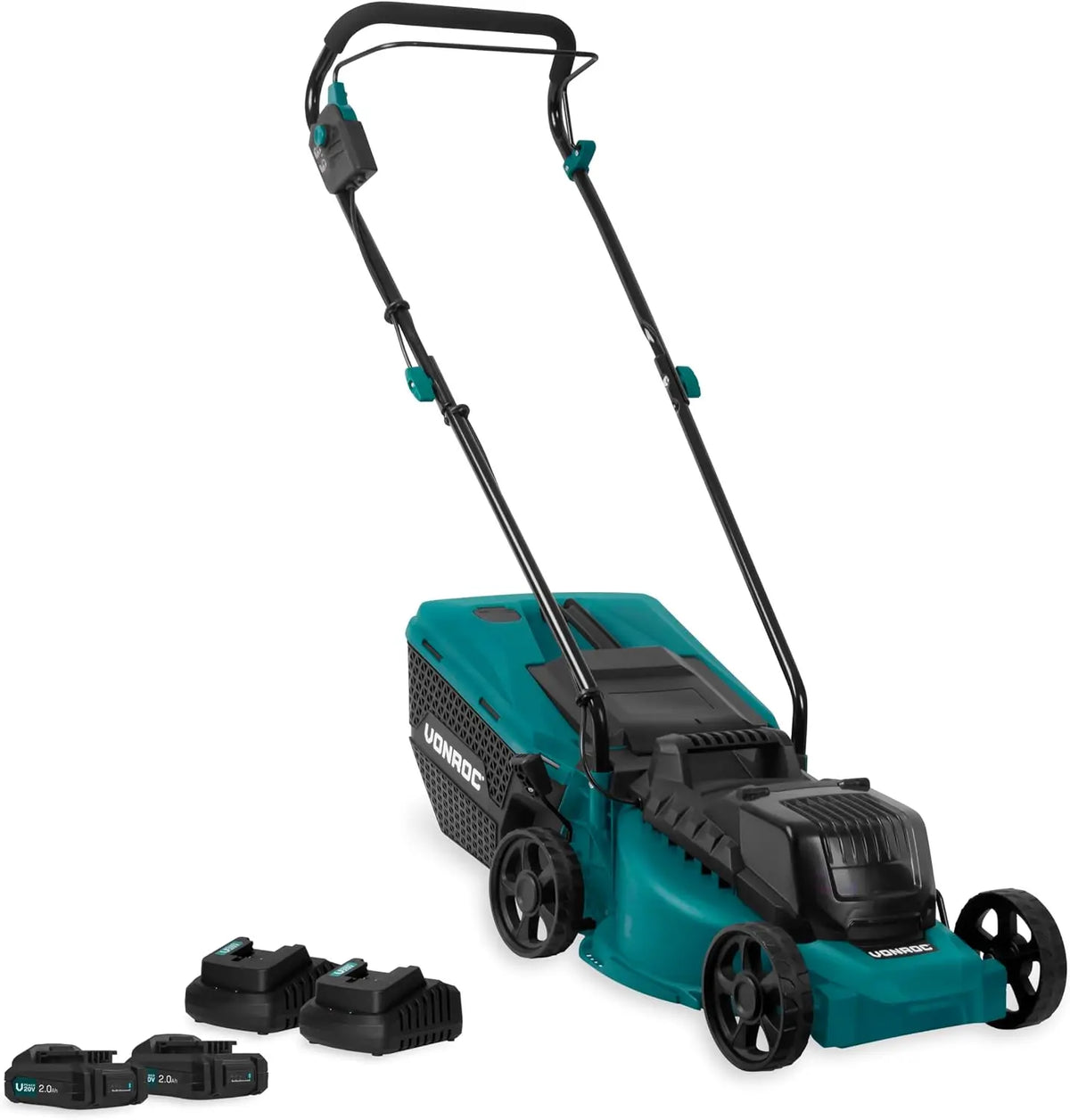 VONROC Tondeuse à Gazon sans Fil 40V - Moteur Compact et Léger - Bac à Herbe 30 L – 2,0 Ah, gris/noir/bleu