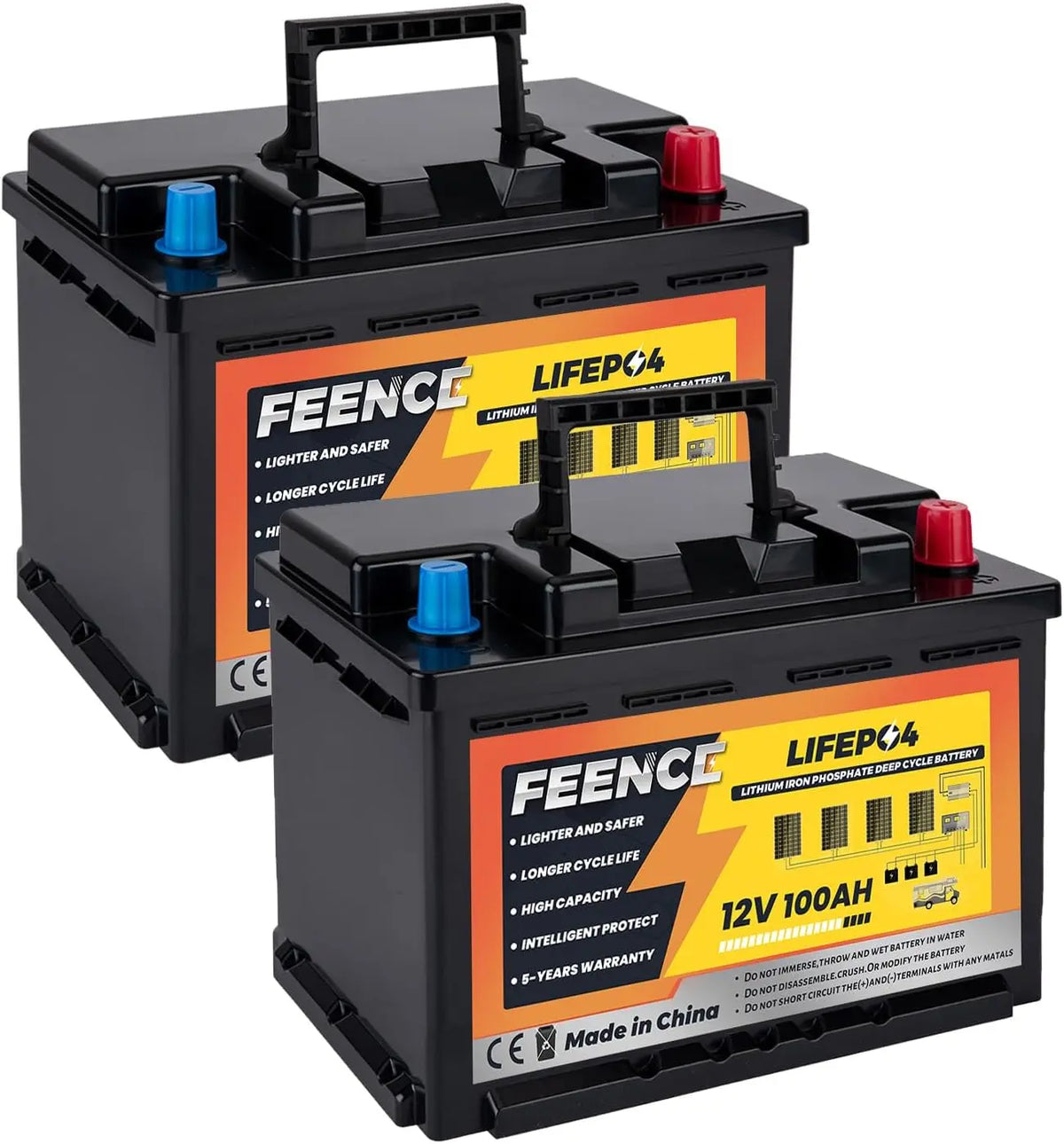 Lot de 2 batteries au lithium LiFePO4 12 V 100 Ah - Mini taille - Hauteur : 18,8 cm - 100 A BMS – 1280 W / 20,48 kW, 1280 Wh / 20,48 kWh, gris/noir