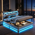 Lit Coffre 160x200 cm avec Éclairage LED et Port USB – 2 places, bleu/noir/gris