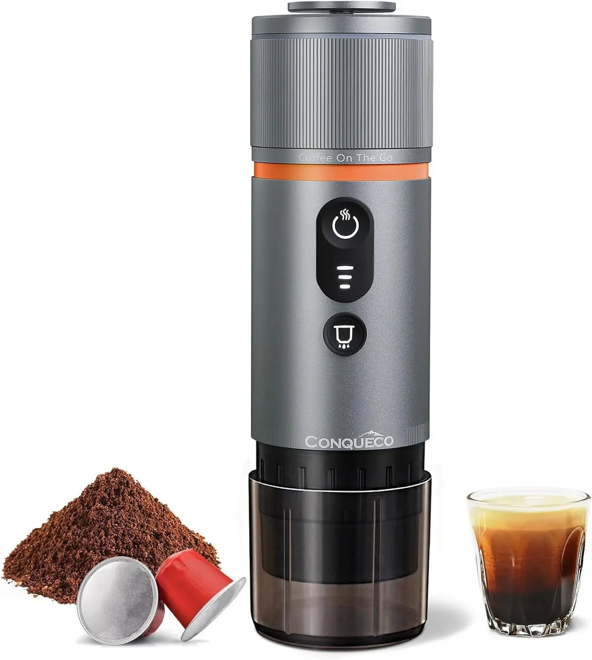 CONQUECO Machine à Cafe portable - Cafetière à Expresso Chauffage Électrique de Voyage - pour 12V Voiture – 80 ml / 50 ml, gris