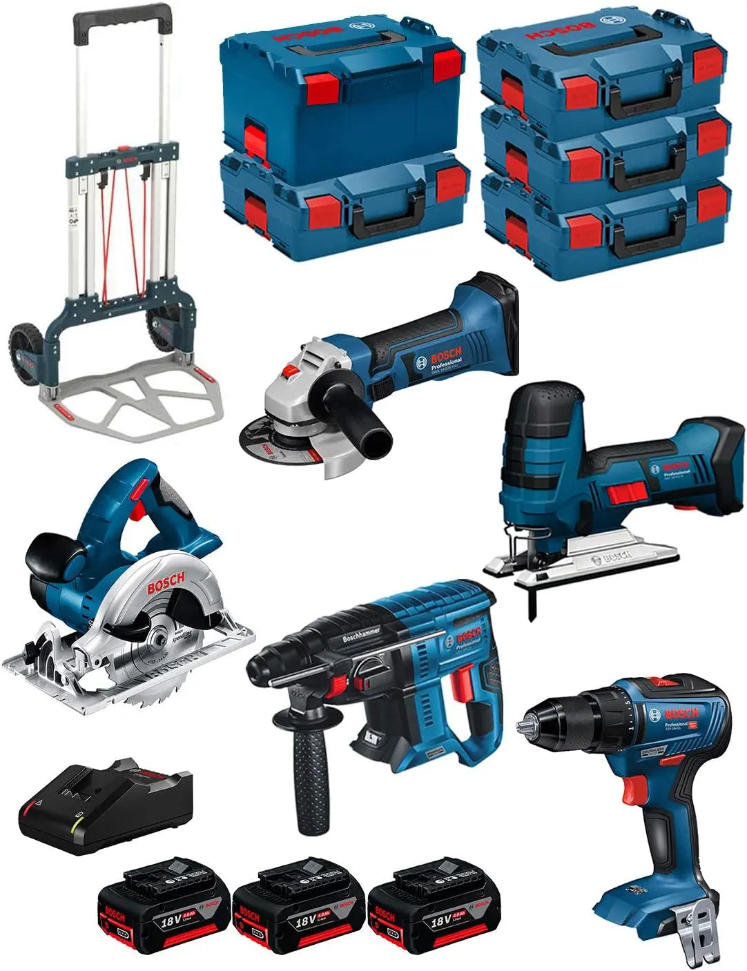BOSCH Kit 18V BK501 GST 18 V-LI S + GKS 18 V-LI + GBH 18V-21 + GWS 18-125 V-LI + GSR 18V-55 + 3 Batteries – bleu/gris