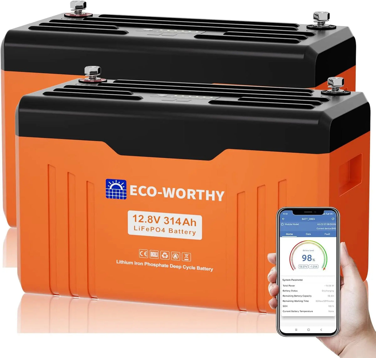 ECO-WORTHY Batterie Lithium 12V 314Ah EnergyTrek *2 batterie lifepo4 Bluetooth avec écran – 8038 Wh, orange/noir