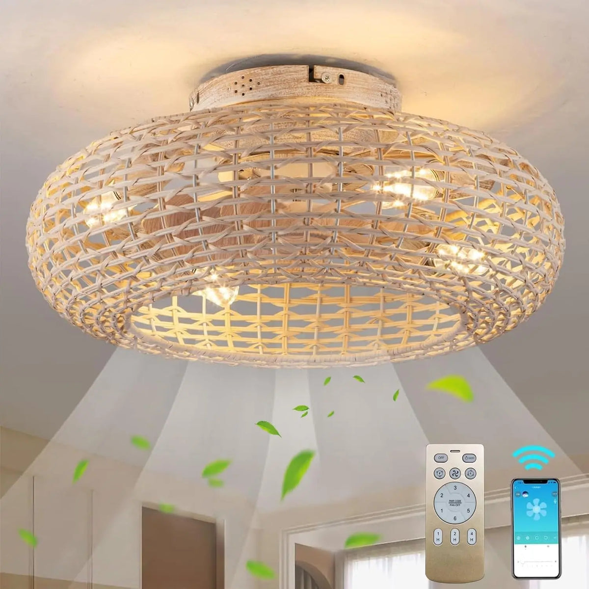 MiiR Ventilateur De Plafond Avec Éclairage Rotin E27 Lumière Avec Ventilateur Avec Télécommande – 60 W, beige/gris