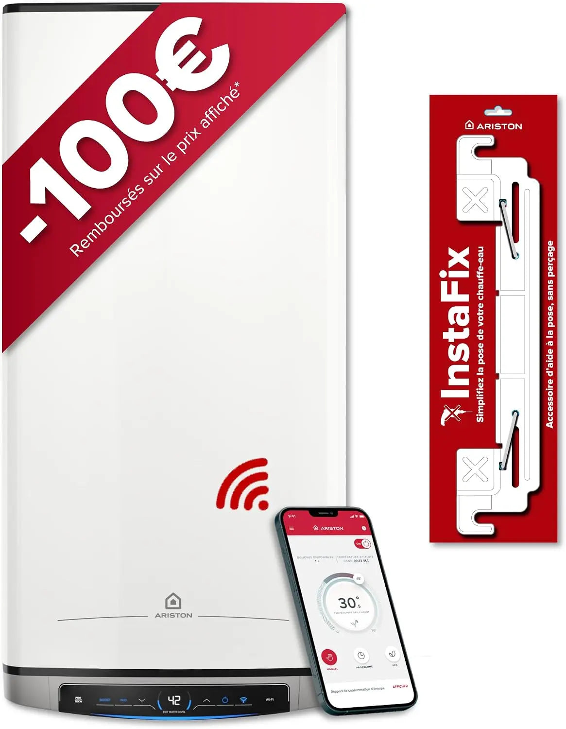 Ariston Velis Evo Dune Dry WiFi 65L Kit Complet - Chauffe-Eau Élec. 27cm – rouge/gris/orange