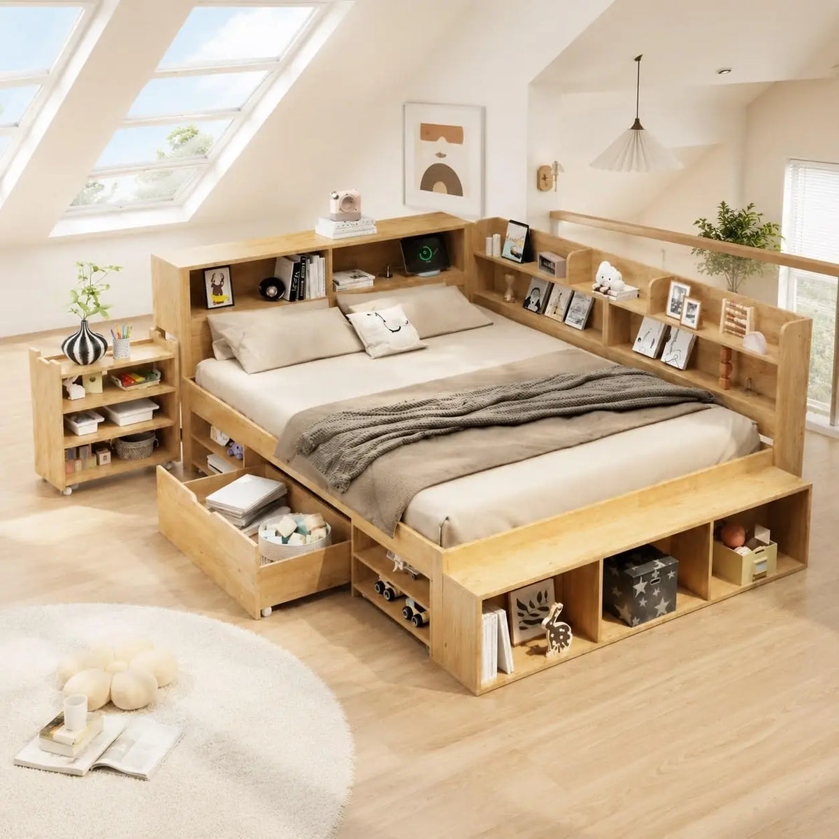 Lit 140 x 200 avec Sommier – sans fil, beige/blanc