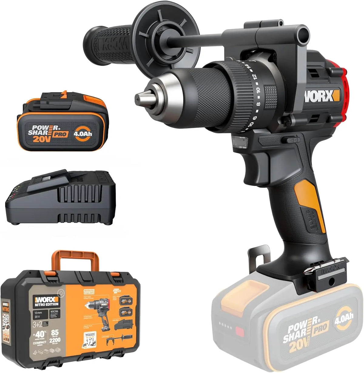 WORX Perceuse à percussion sans balais 20V 85 Nm WX356.1 – 4 Ah, gris/noir