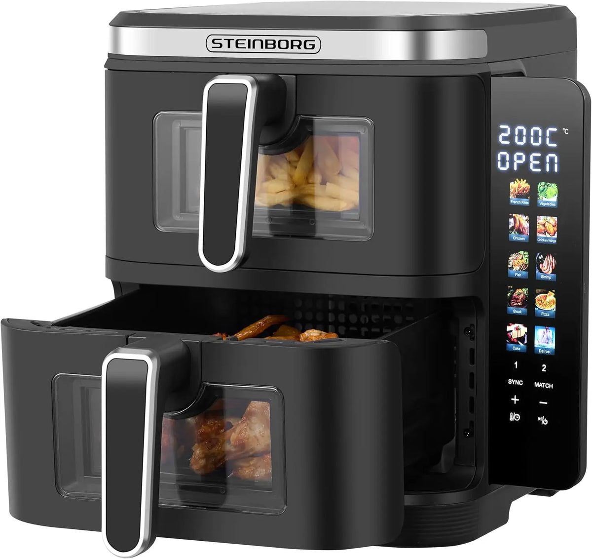 Steinborg Friteuse à air chaud double chambre 11 litres Friture à air chaud Friteuse à air chaud – 2800 W, 11 litres / 5,5 L, gris/noir