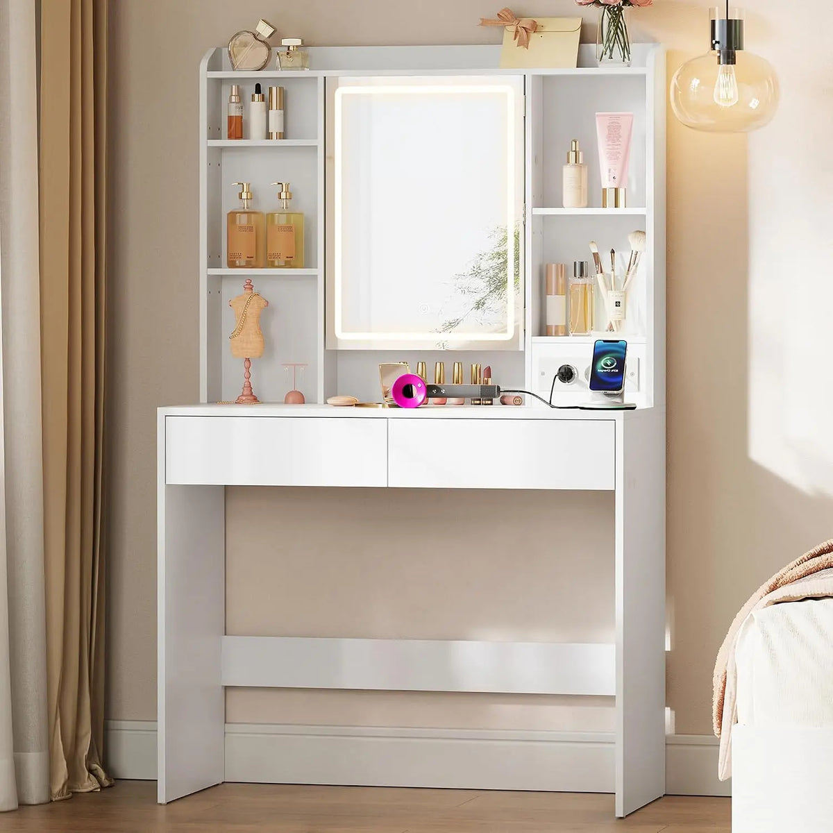 VASAGLE Coiffeuse Éclairage 3 Couleurs – blanc