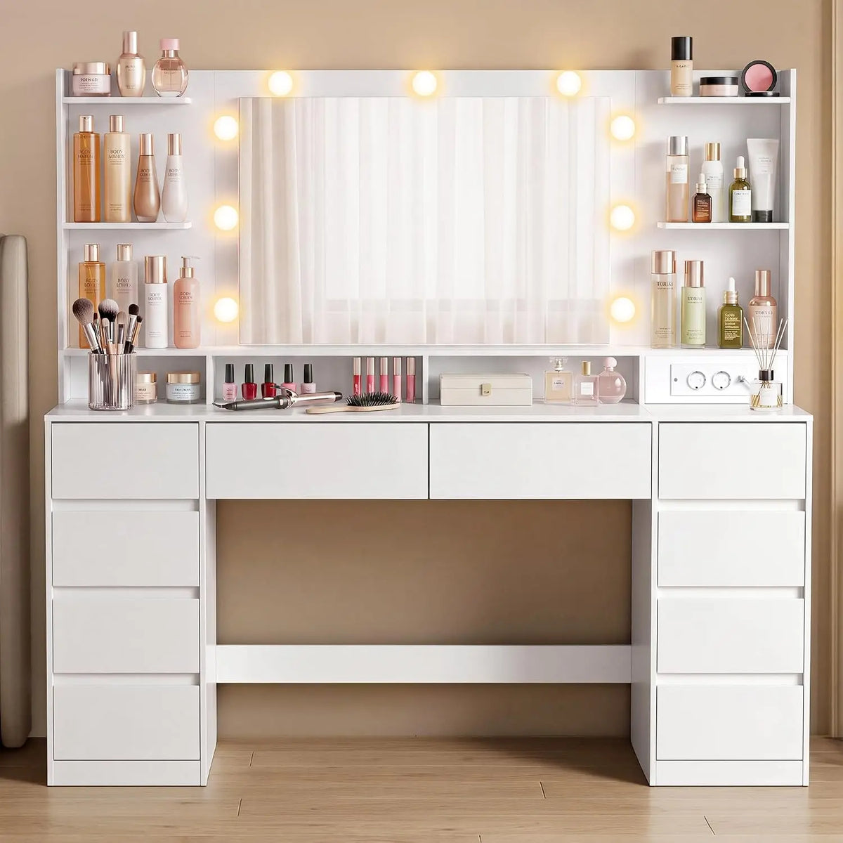 VASAGLE Coiffeuse avec Miroir LED et Multiprise – gris/beige