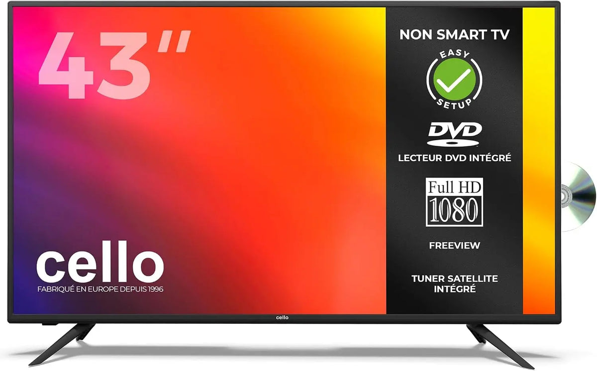 Cello C4320F Téléviseur LED 43 Pouces haute définition avec Lecteur DVD intégré – DVB-T2/C/S2, noir