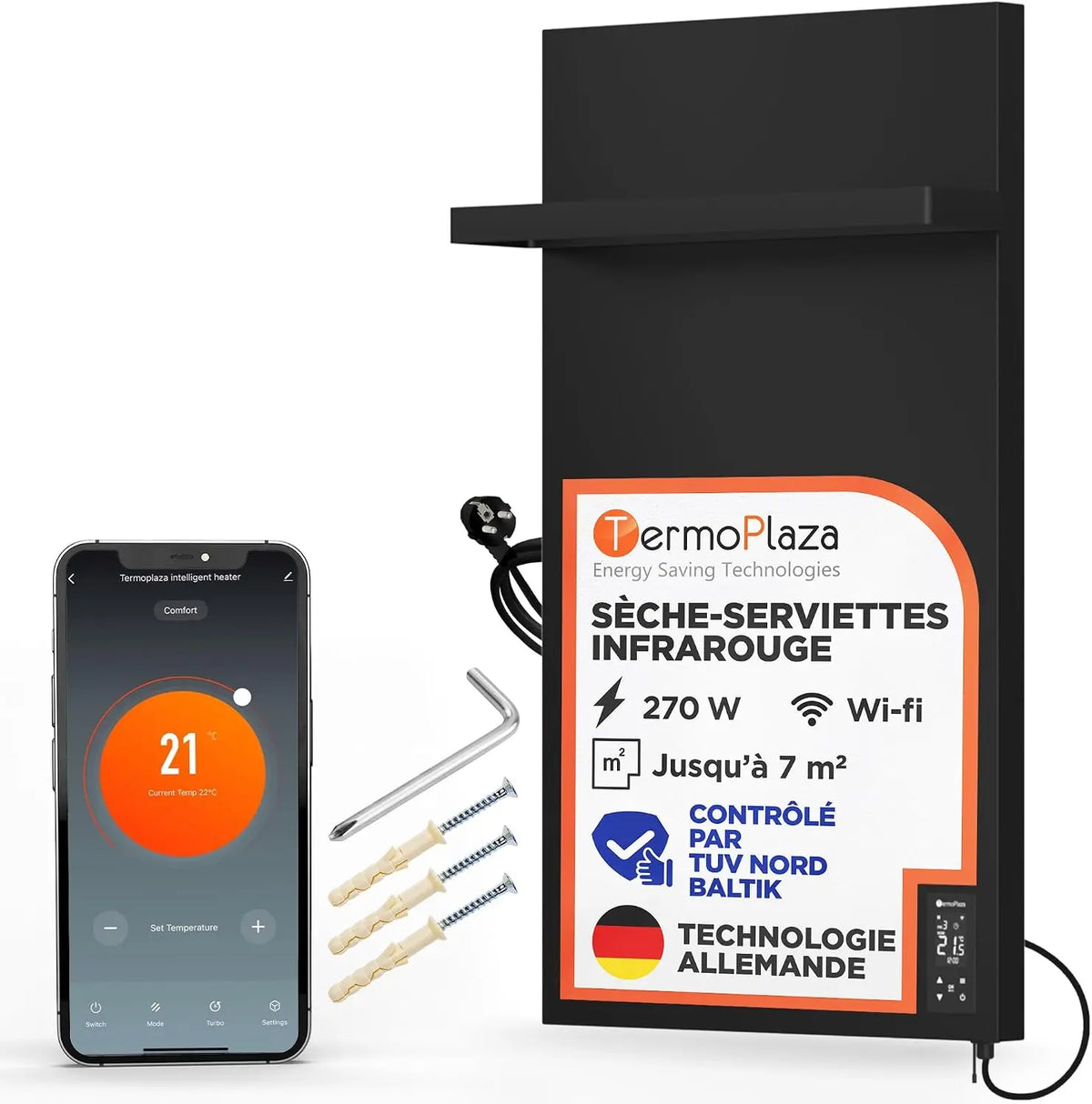 Termoplaza Radiateur Salle de Bain Infrarouge WiFi 270W jusqu'à 7 m² - Radiateur Électrique Mural