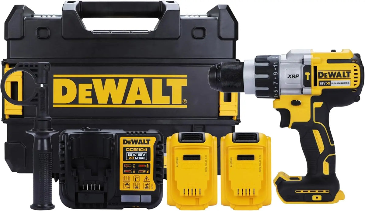 DEWALT Perceuse Visseuse à Percussion XRP 18V 5 Ah Li-Ion sans balais - 2 Batteries - Système Automatique – DCD996P2-QW, 95 Nm, noir/gris/jaune