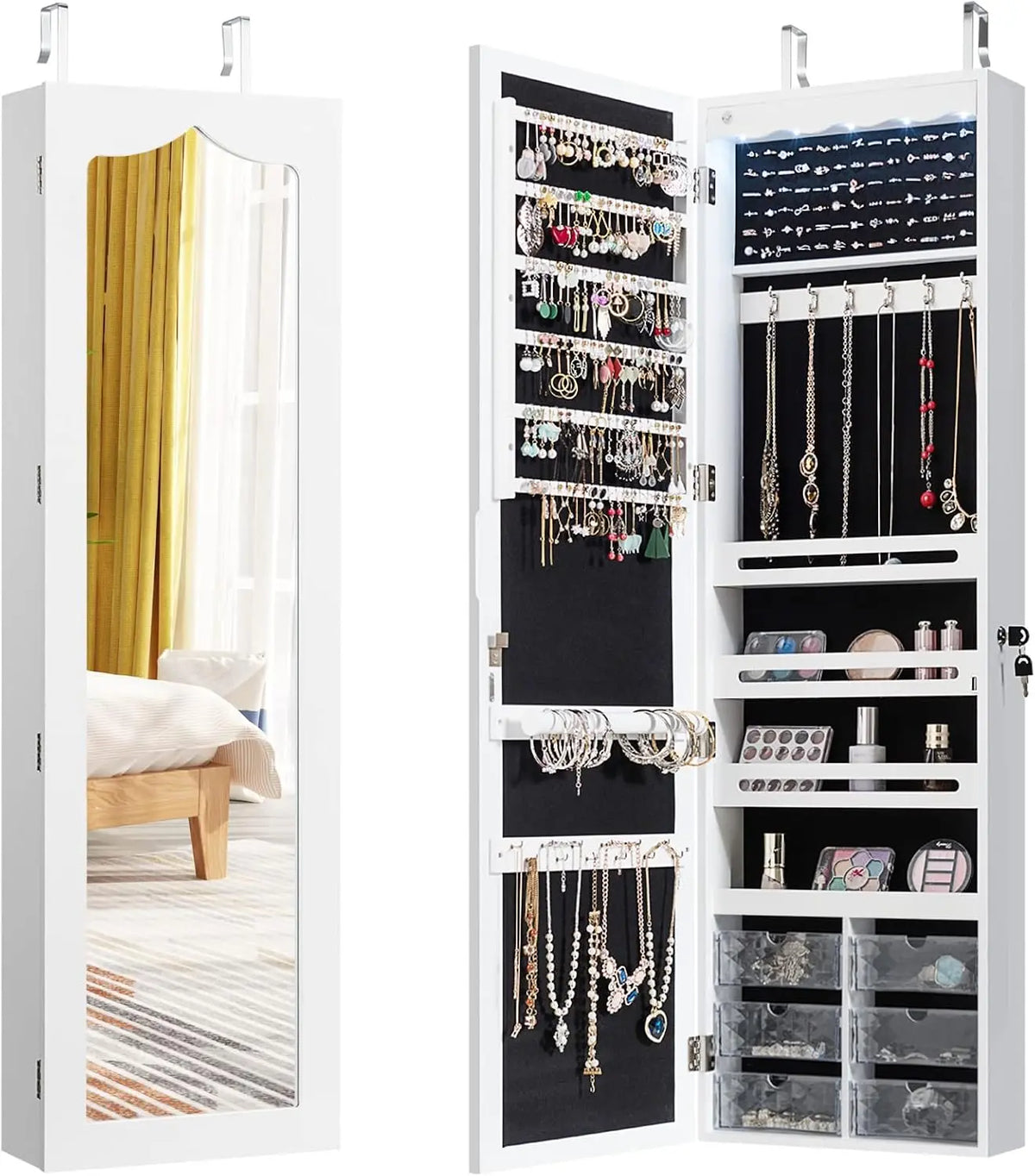 COSTWAY Armoire à Bijoux Murale avec 5 Lumières LED – 36,5 x 11,5 x 120 cm, blanc