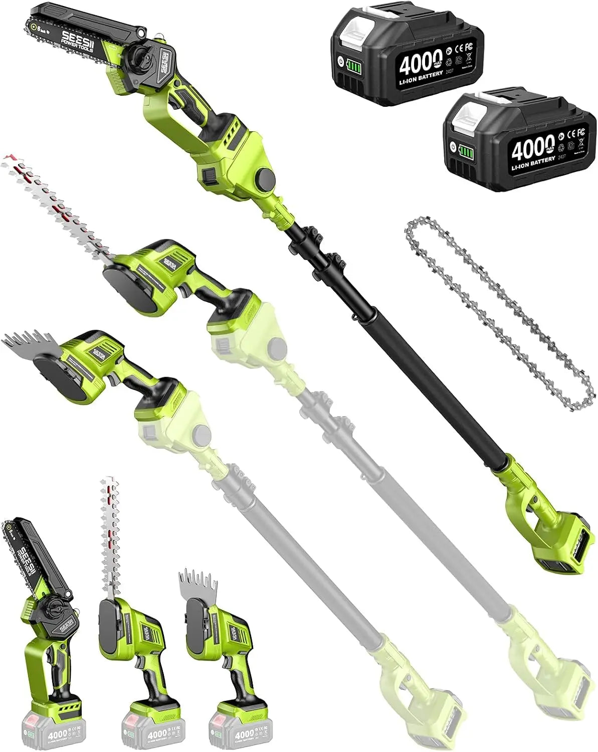Supstable Kit de Jardin 6-en-1 Sans Fil : Mini Tronçonneuse & Taille-haie – 880 W, 4000 mAh, gris