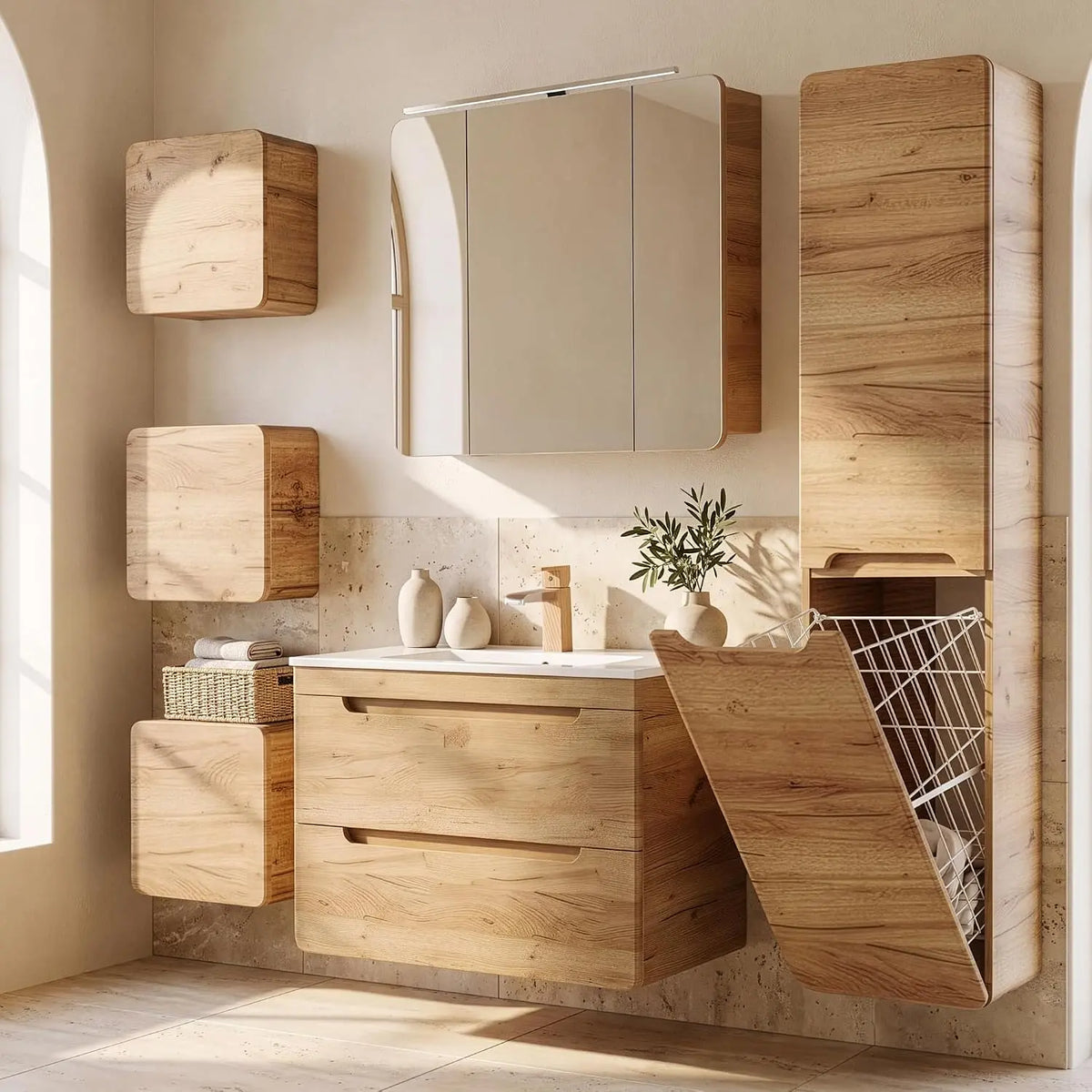 Lomadox Ensemble complet de meubles de salle de bain en chêne – beige/gris/orange