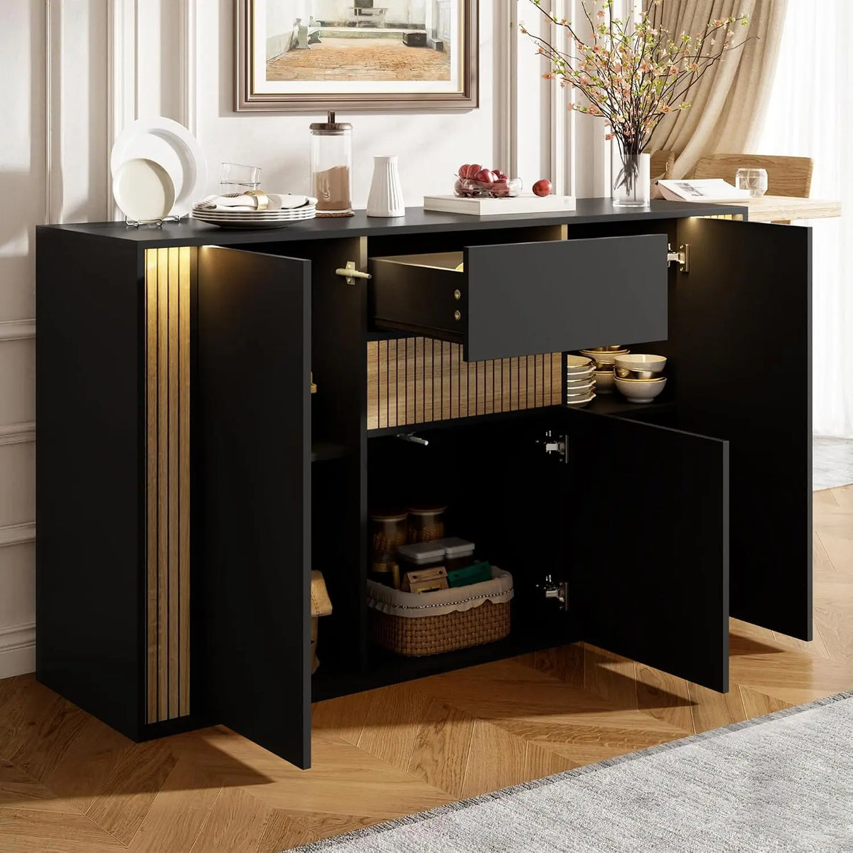 Norlix Buffet Bahut avec 3 Portes meuble de rangement – 140×40×82 Cm, noir