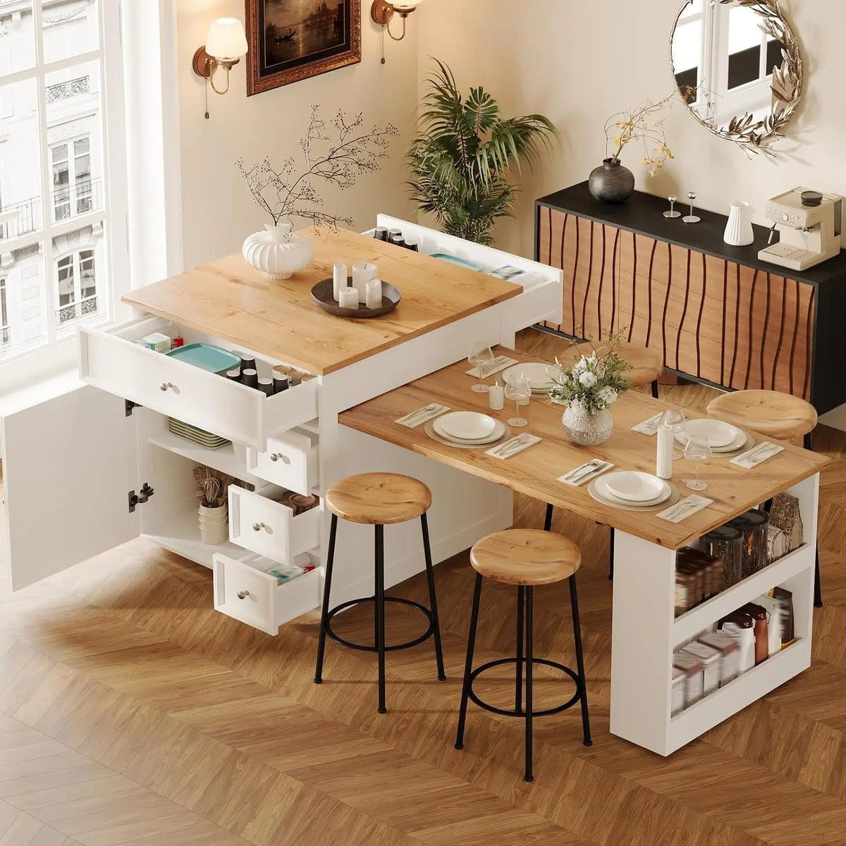 YEHTOKHOME Îlot Central Cuisine avec Plan de Travail Extensible 122–195 cm – blanc