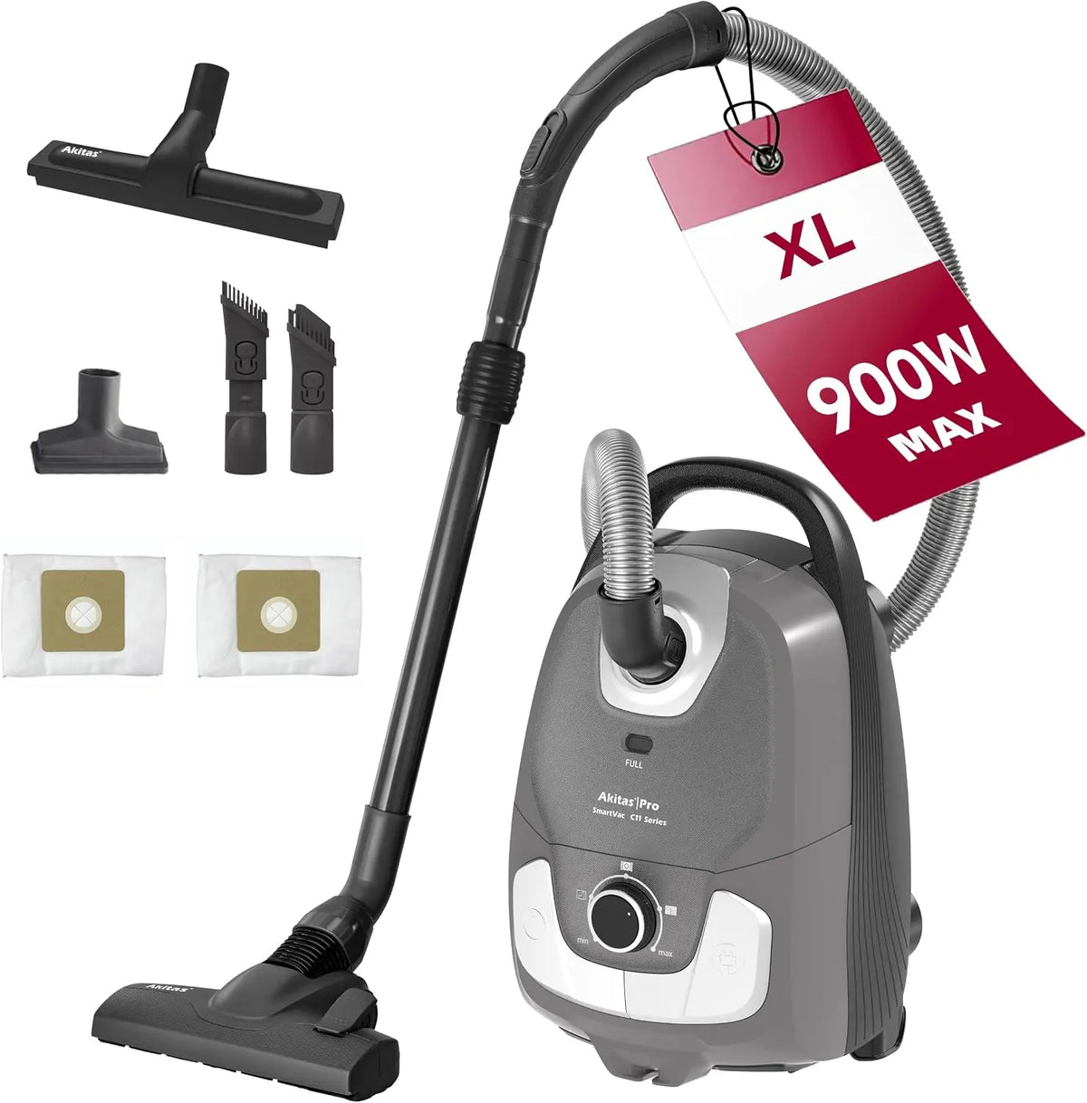 Akitas C11 900W Aspirateur avec Sac Câble de 7m Puissance d'Aspiration réglable Nettoyage Multi-Surface – gris