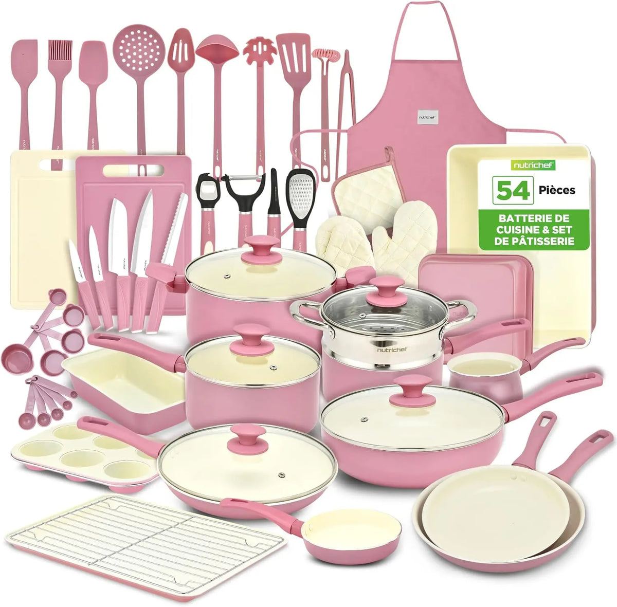 NutriChef Batterie de Cuisine 54 Pièces – rose