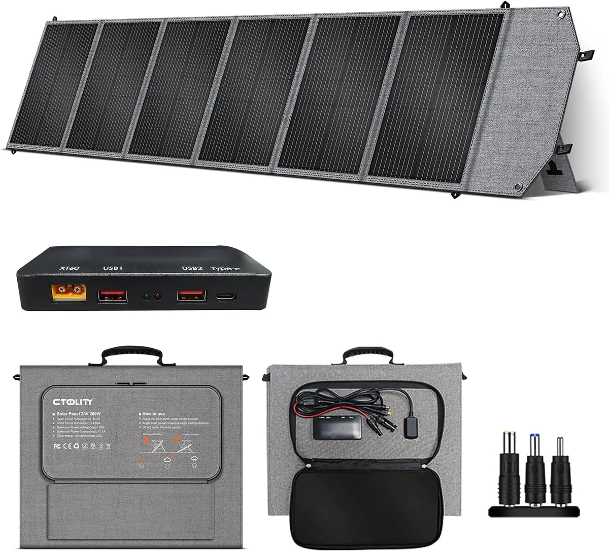 Panneau solaire portable 200 W pliable avec support – PD3.0, QC3.0, gris/noir