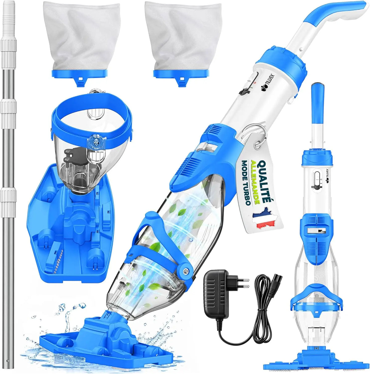 Tillvex Aspirateur de Piscine avec Batterie & Manche télescopique + Filtre – 15000 litres, 70 L/min, bleu/gris